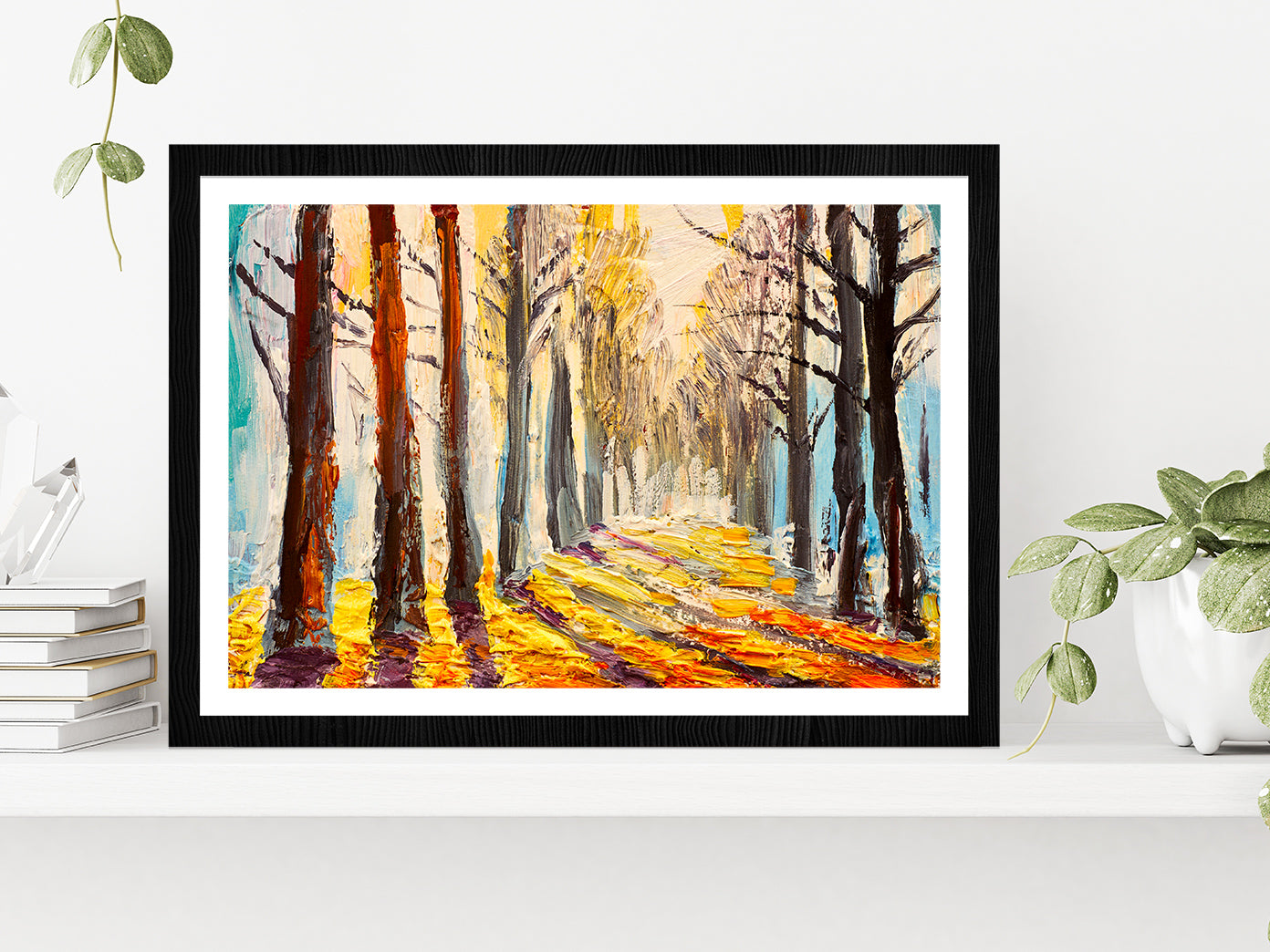 Colorful Trees In Forest Glass Framed Wall Art, Ready to Hang Quality Print With White Border Black