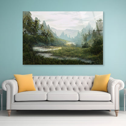 A River Flowing a Valley with Trees & Mountains Acrylic Glass Print Tempered Glass Wall Art 100% Made in Australia Ready to Hang