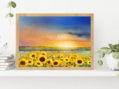 Rural Sunset Landscape With Golden Sunflower Glass Framed Wall Art, Ready to Hang Quality Print Without White Border Oak