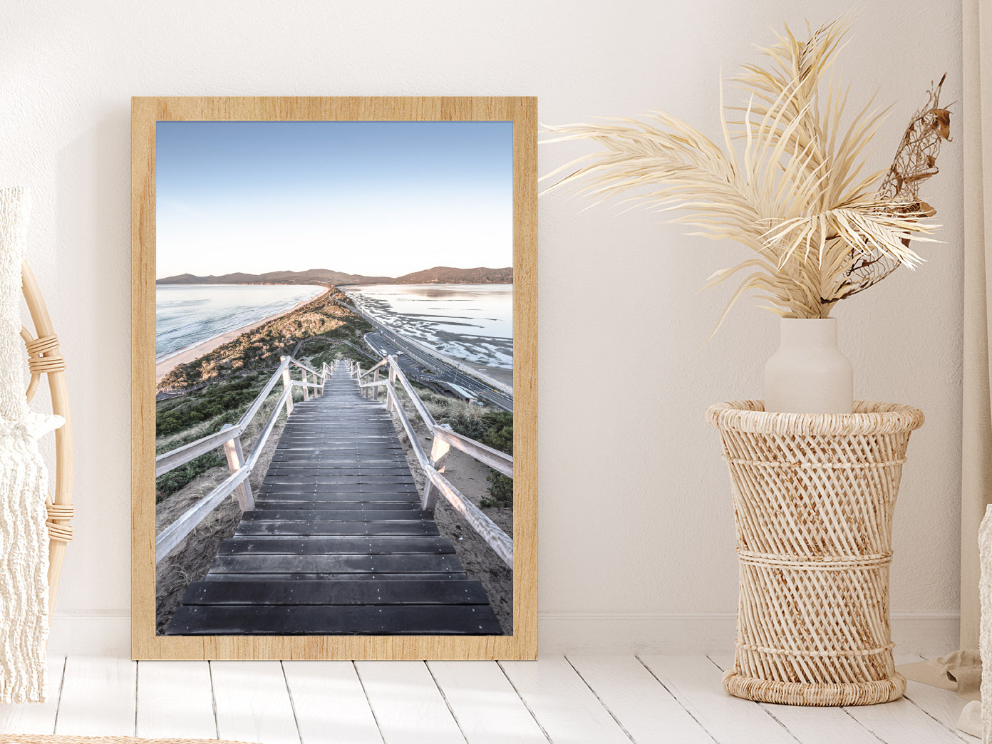 Wooden Path & Beach View Photograph Glass Framed Wall Art, Ready to Hang Quality Print Without White Border Oak