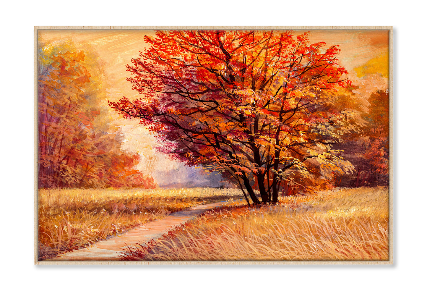 Orange Autumn Landscape with Tree Watercolor Painting Wall Art Limited Edition High Quality Print Canvas Box Framed Natural