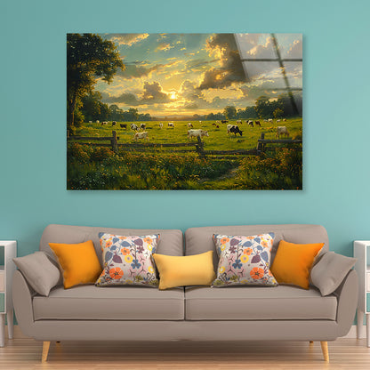 Herd of Cows Grazing In a Field under Cloudy Sky Acrylic Glass Print Tempered Glass Wall Art 100% Made in Australia Ready to Hang