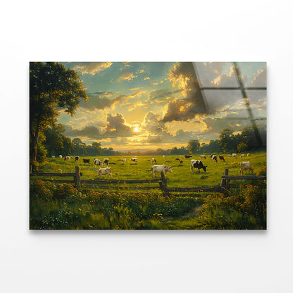 Herd of Cows Grazing In a Field under Cloudy Sky Acrylic Glass Print Tempered Glass Wall Art 100% Made in Australia Ready to Hang