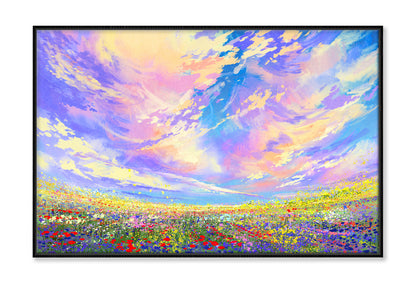 Colorful Flowers in Field under Cloudy Sky Painting Wall Art Limited Edition High Quality Print Canvas Box Framed Black