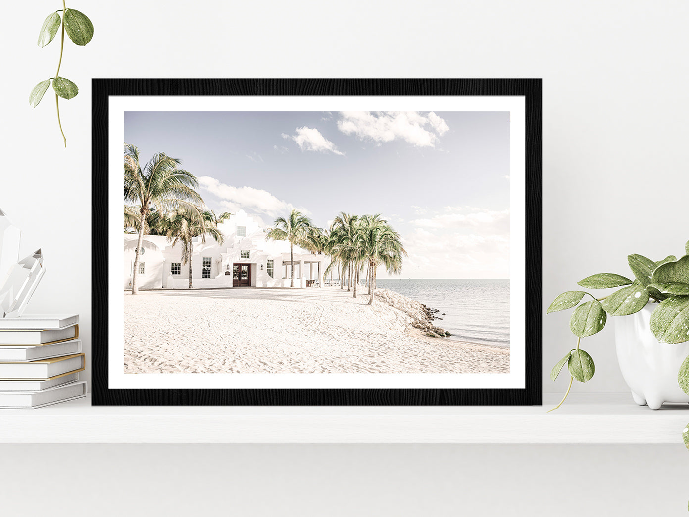 House Palm Trees near Sand Sea Photograph Glass Framed Wall Art, Ready to Hang Quality Print With White Border Black