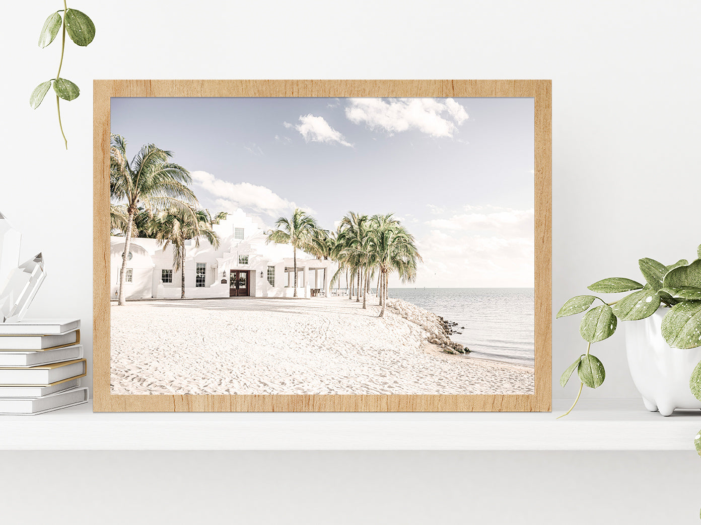 House Palm Trees near Sand Sea Photograph Glass Framed Wall Art, Ready to Hang Quality Print Without White Border Oak