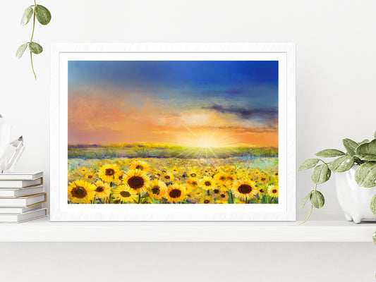 Rural Sunset Landscape With Golden Sunflower Glass Framed Wall Art, Ready to Hang Quality Print With White Border White