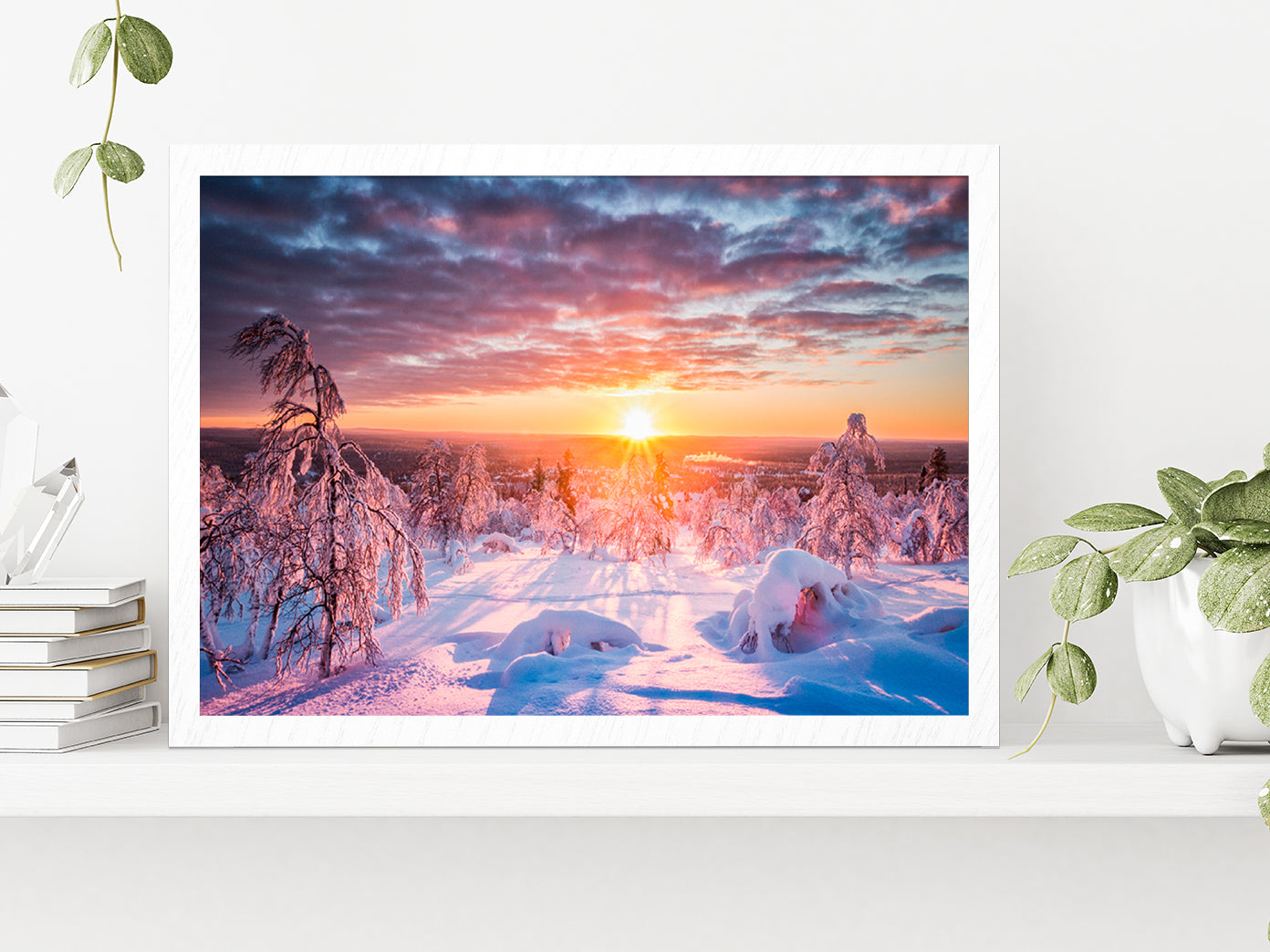 Winter Land Scenery At Sunset Glass Framed Wall Art, Ready to Hang Quality Print Without White Border White