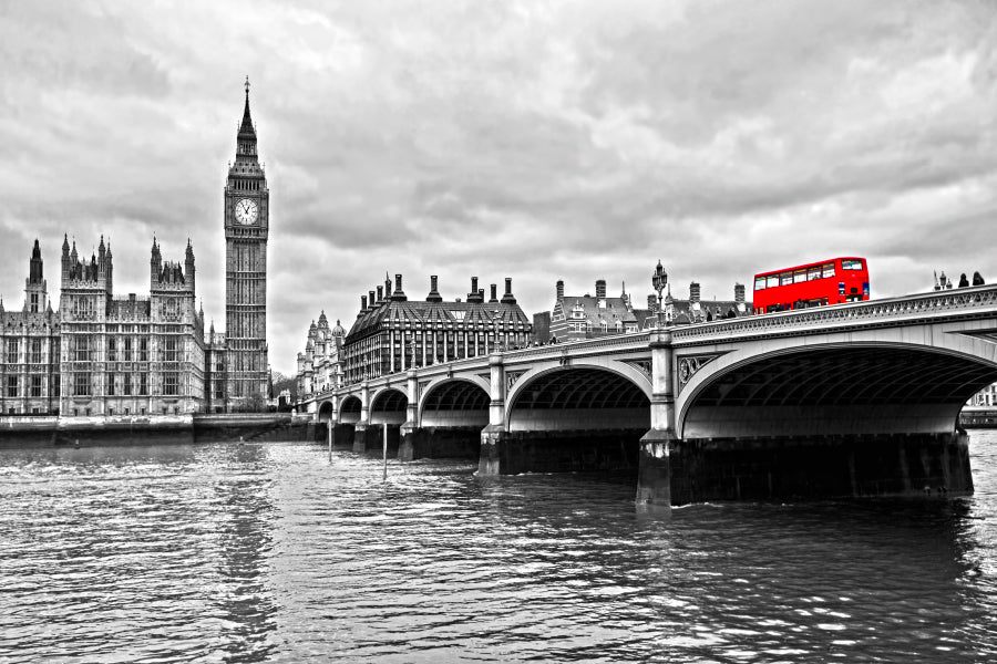 Red Bus on Westminster Bridge by The Houses of Parliament Wall Art Decor 100% Australian Made