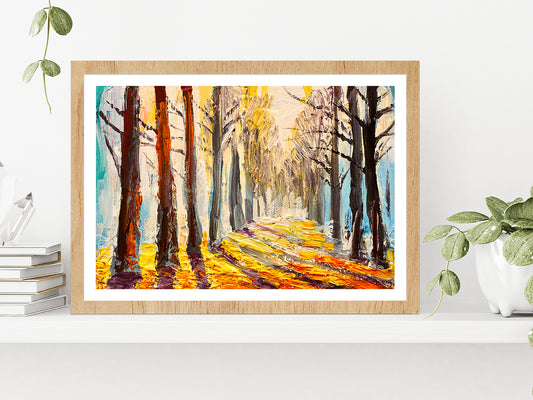 Colorful Trees In Forest Glass Framed Wall Art, Ready to Hang Quality Print With White Border Oak