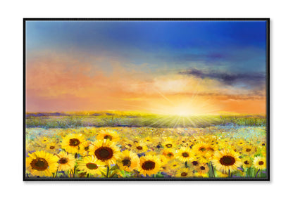 Rural Sunset Landscape With Golden Sunflower Oil Painting Wall Art Limited Edition High Quality Print Canvas Box Framed Black