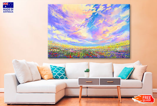 Colorful Flowers in Field under Cloudy Sky Painting Wall Art Limited Edition High Quality Print