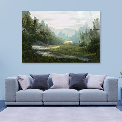 A River Flowing a Valley with Trees & Mountains Acrylic Glass Print Tempered Glass Wall Art 100% Made in Australia Ready to Hang