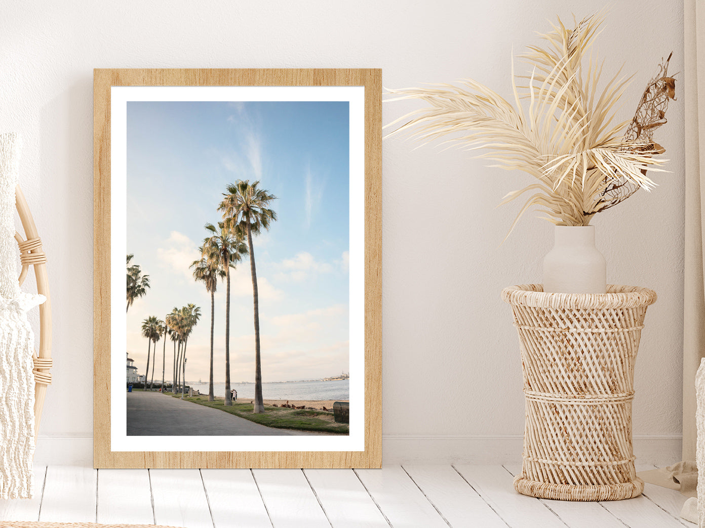 Palm Trees near Beach with Blue Sky Photograph Glass Framed Wall Art, Ready to Hang Quality Print With White Border Oak