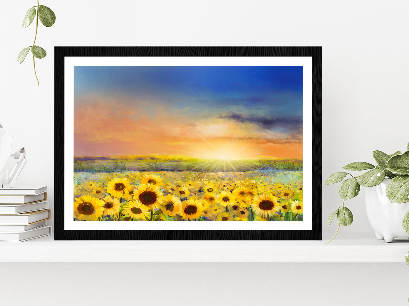 Rural Sunset Landscape With Golden Sunflower Glass Framed Wall Art, Ready to Hang Quality Print With White Border Black