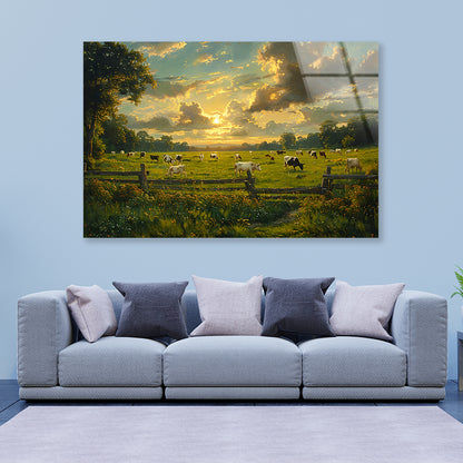 Herd of Cows Grazing In a Field under Cloudy Sky Acrylic Glass Print Tempered Glass Wall Art 100% Made in Australia Ready to Hang