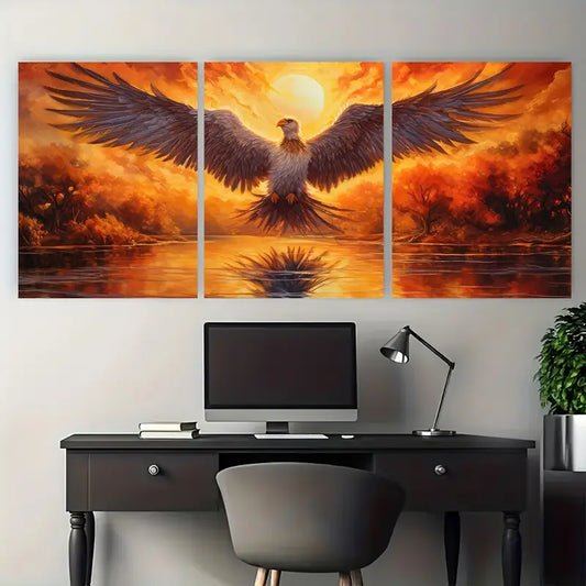 3pcs Phoenix Bird Over A Lake Sunset Metal Print Ready to Hang Art