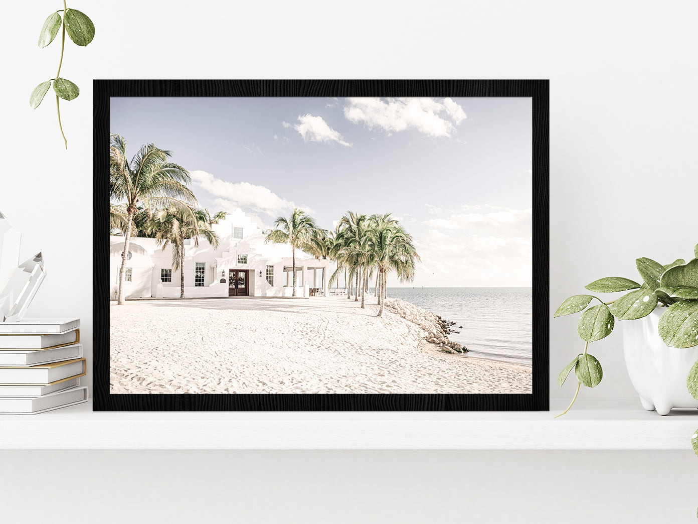 House Palm Trees near Sand Sea Photograph Glass Framed Wall Art, Ready to Hang Quality Print Without White Border Black