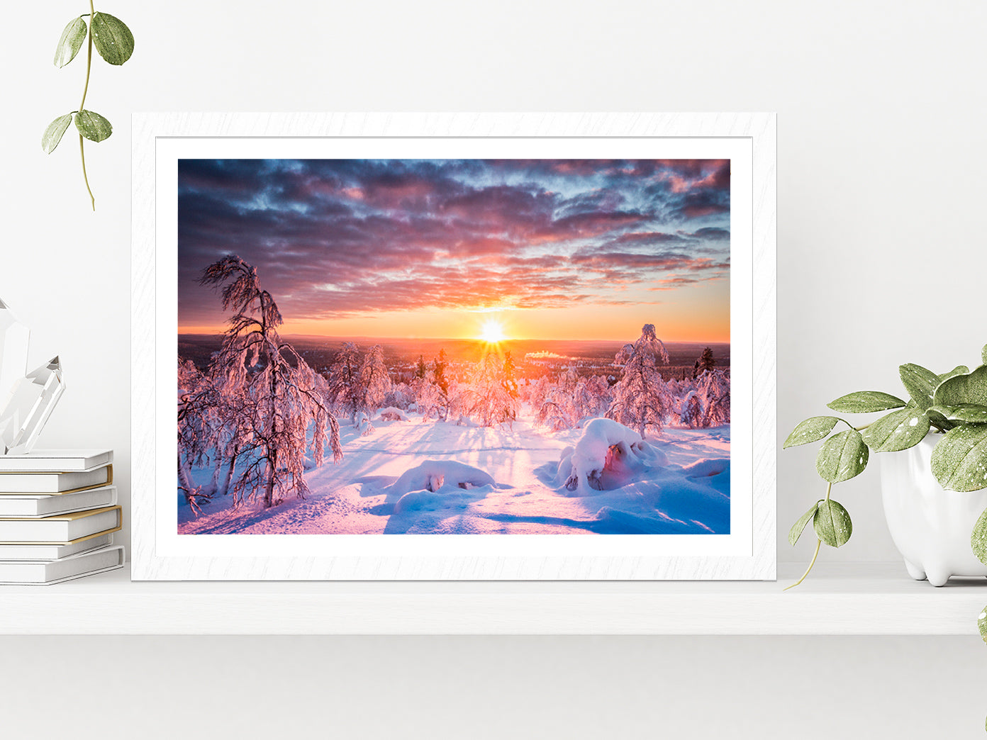 Winter Land Scenery At Sunset Glass Framed Wall Art, Ready to Hang Quality Print With White Border White