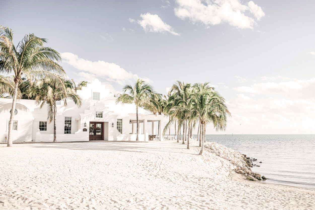 House Palm Trees near Sand Sea Photograph Glass Framed Wall Art, Ready to Hang Quality Print