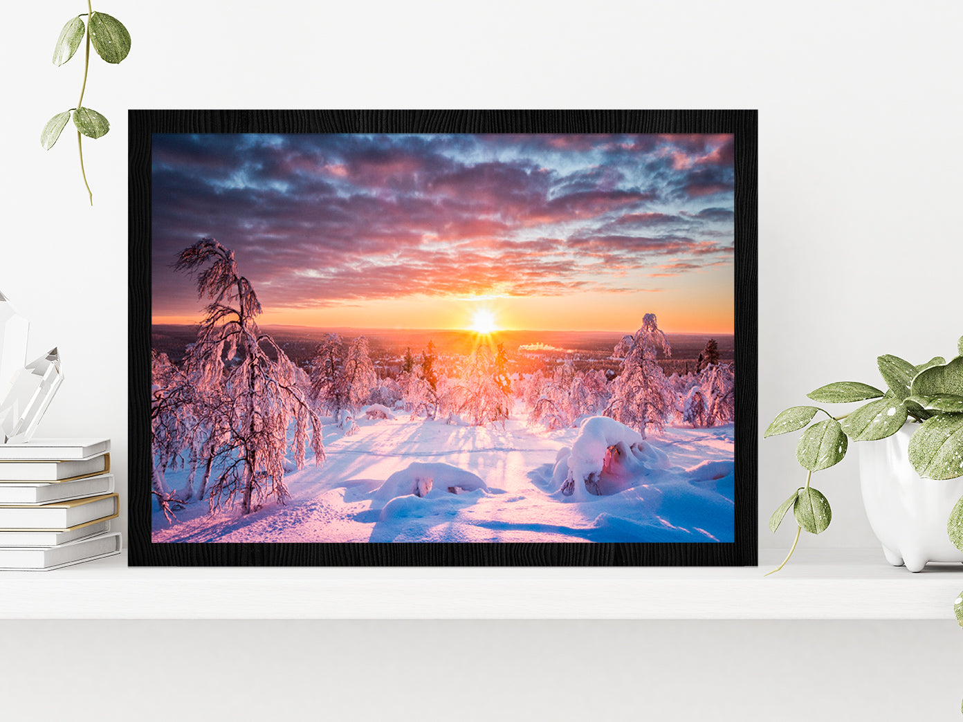 Winter Land Scenery At Sunset Glass Framed Wall Art, Ready to Hang Quality Print Without White Border Black