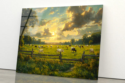 Herd of Cows Grazing In a Field under Cloudy Sky Acrylic Glass Print Tempered Glass Wall Art 100% Made in Australia Ready to Hang