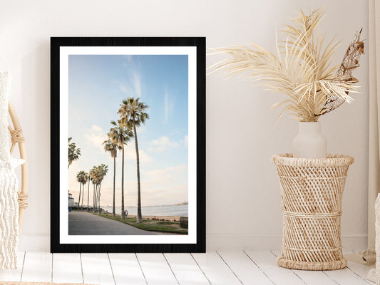 Palm Trees near Beach with Blue Sky Photograph Glass Framed Wall Art, Ready to Hang Quality Print With White Border Black