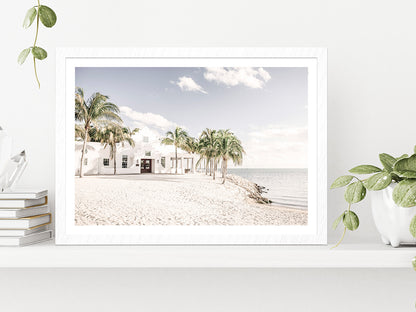 House Palm Trees near Sand Sea Photograph Glass Framed Wall Art, Ready to Hang Quality Print With White Border White