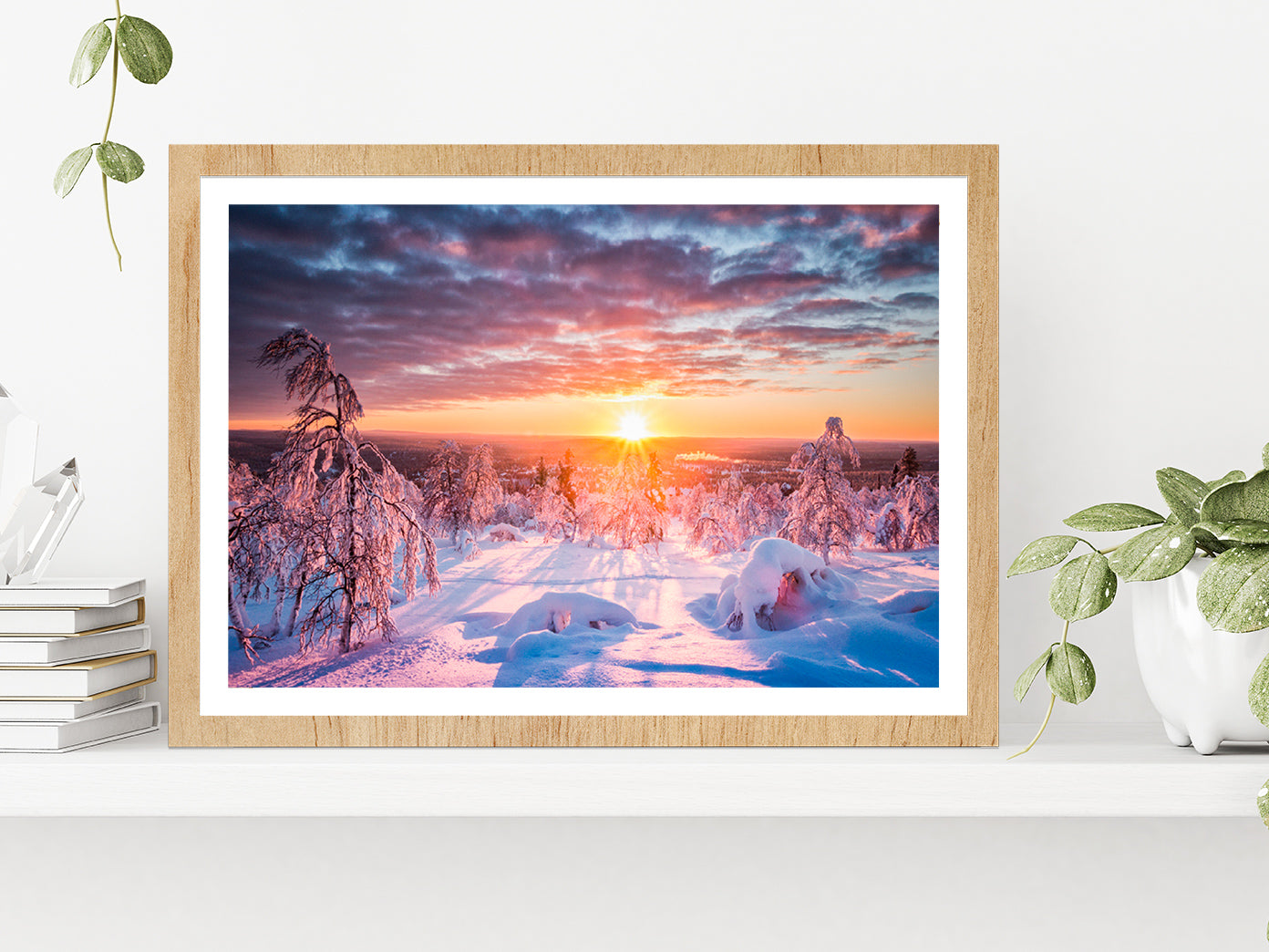 Winter Land Scenery At Sunset Glass Framed Wall Art, Ready to Hang Quality Print With White Border Oak