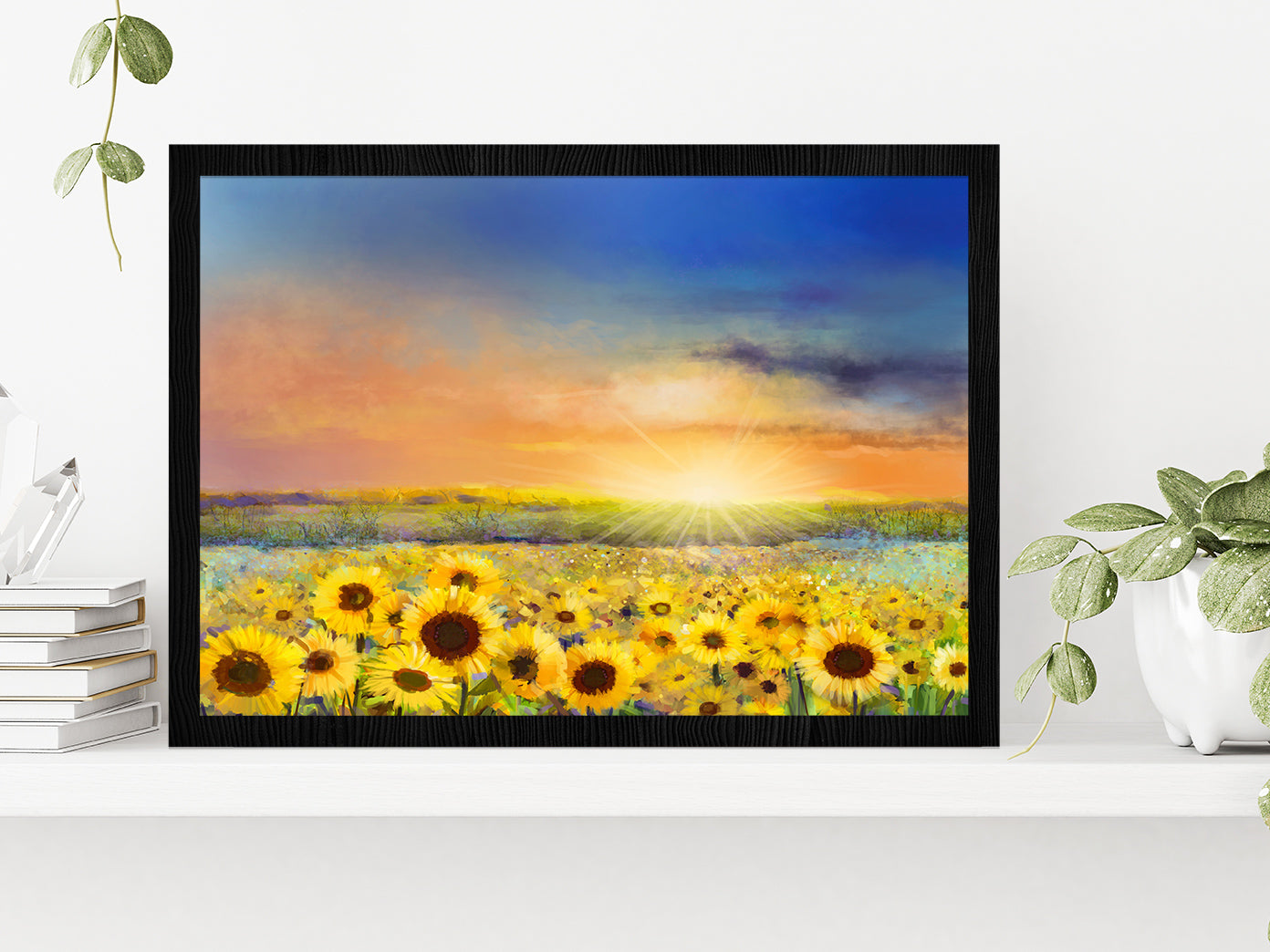 Rural Sunset Landscape With Golden Sunflower Glass Framed Wall Art, Ready to Hang Quality Print Without White Border Black