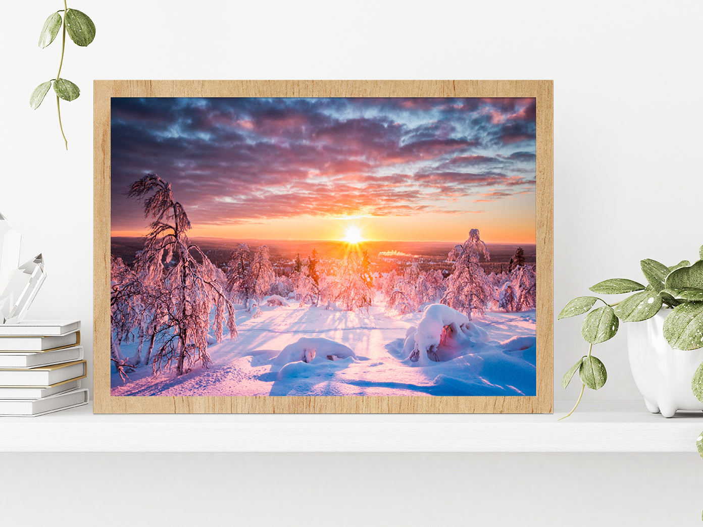 Winter Land Scenery At Sunset Glass Framed Wall Art, Ready to Hang Quality Print Without White Border Oak