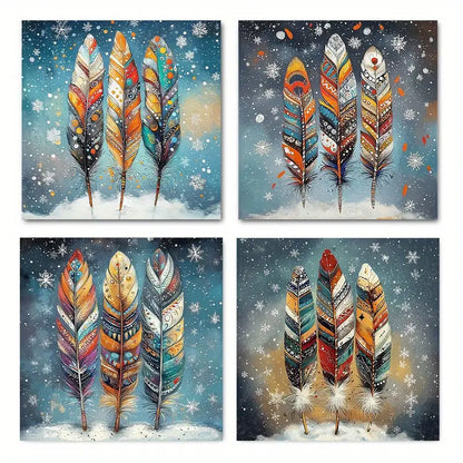 4pcs  Vintage Tribal Feather  ER    Wall Art Canvas Framed