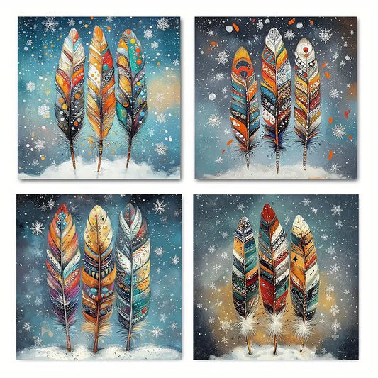 4pcs  Vintage Tribal Feather  ER    Wall Art Canvas Framed