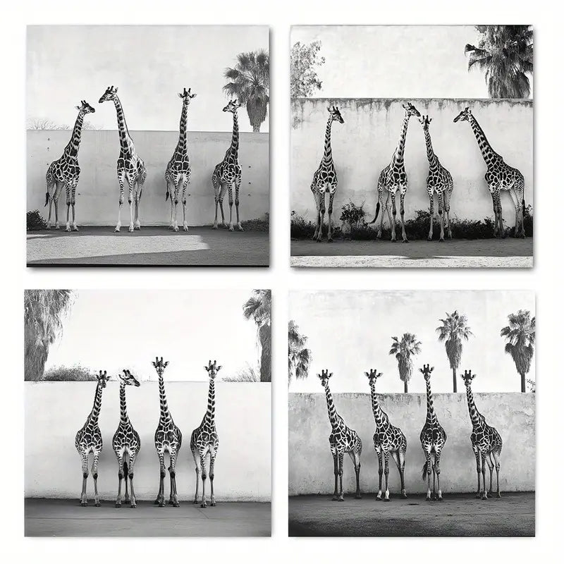 4pcs Black And White Giraffe Prin Theme Wall Art Canvas Framed
