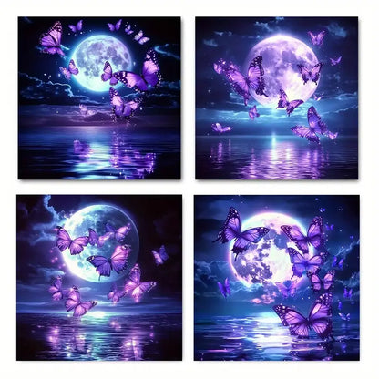 4pcs Enchanting Full Moon & Purple Butterfly Wall Art Canvas Framed