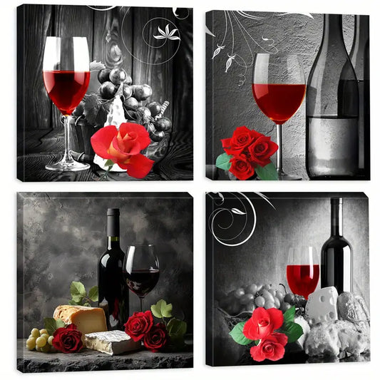 4pcs Red Wine Poster, Cheese  RWC   Wall Art Canvas Framed