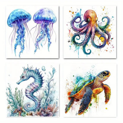 4pcs Octopus, Sea Turtle, Seahorse & Jellyfish Wall Art Canvas Framed
