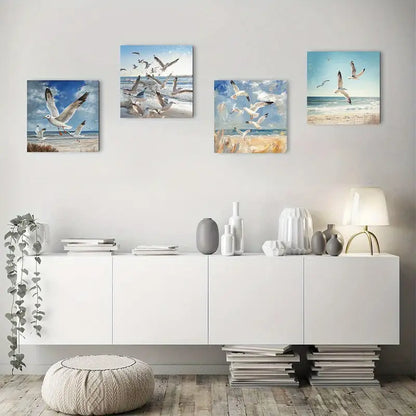 4pcs Ocean Beach Abstract Seaside Seagull Seasca Wall Art Canvas Framed