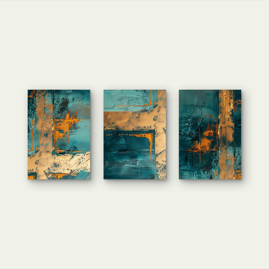 3pcs Teal and Gold Foil Abstract Textured Oil Painting Wall Art Set Canvas Framed 60x90cm - High Quality Print 100% Australian Made Wall Canvas Ready to Hang
