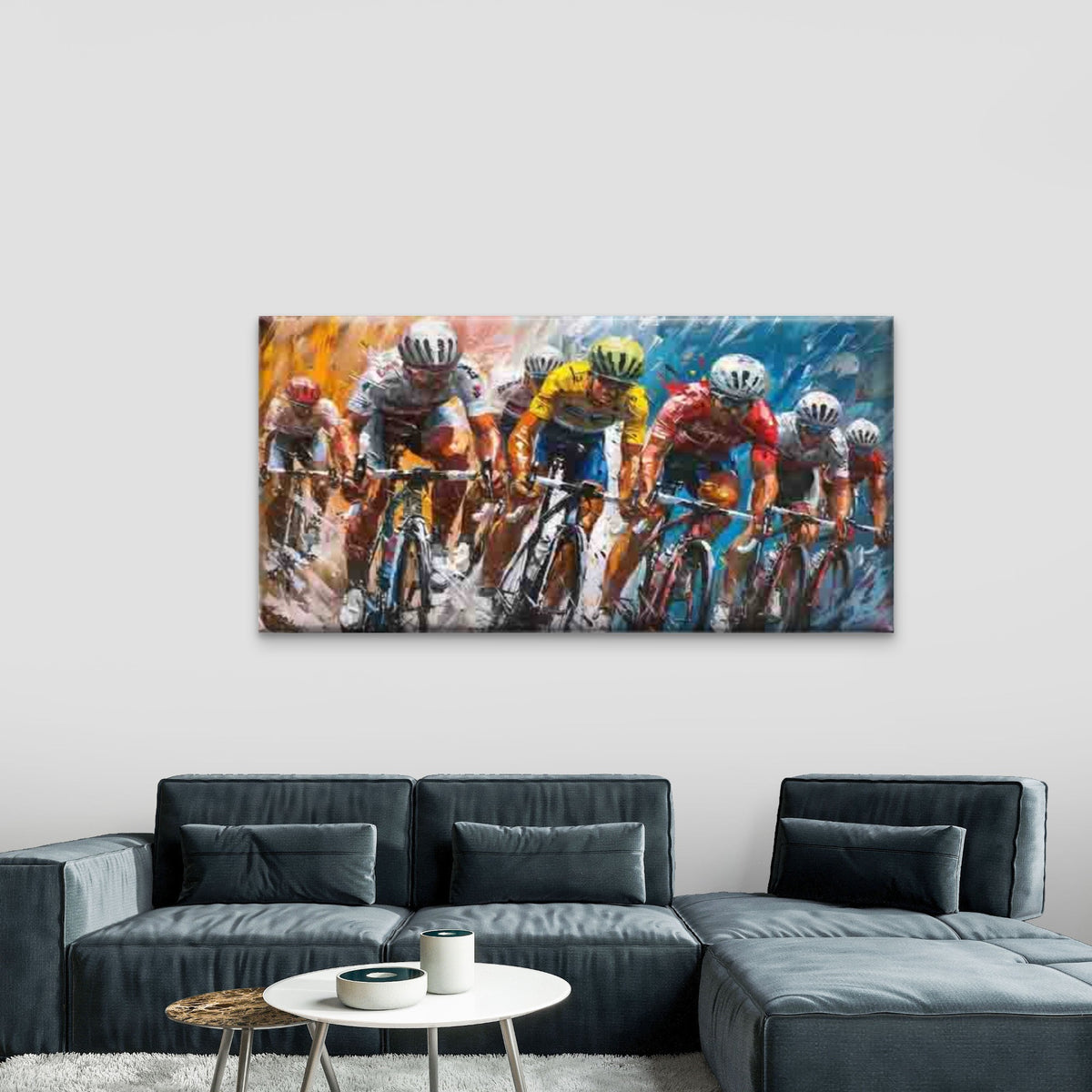 Cyclists in Dynamic Motion, Wall Art Canvas Office Home Room Framed 120x60cm