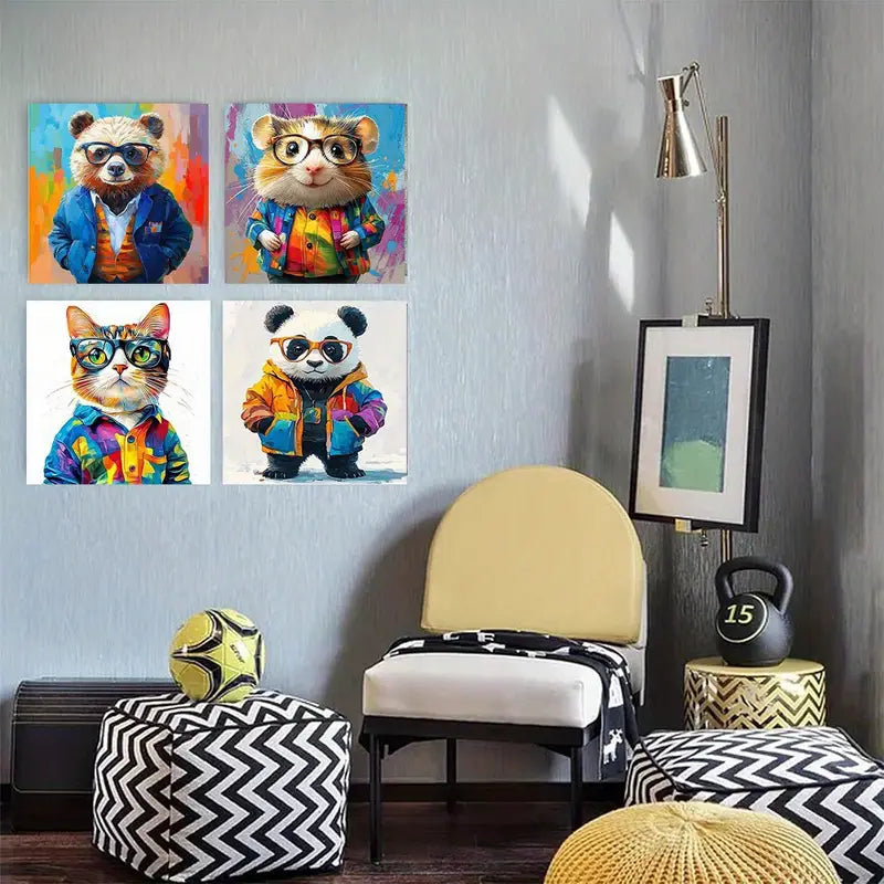 4pcs  Fun panda cat dog bear hamster Wall Art Canvas Framed