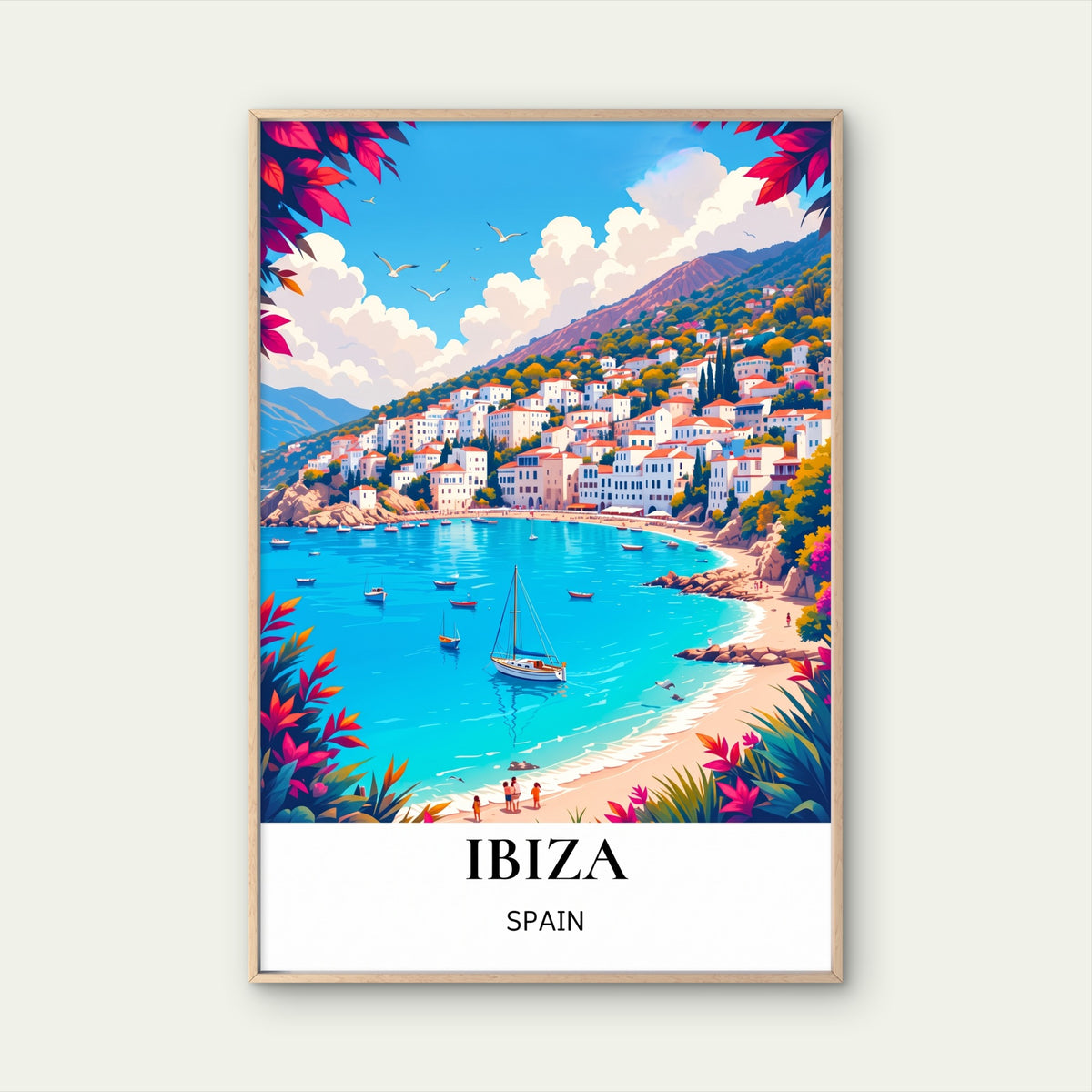 Ibiza Coastal Town With Sailboat & Blue Bay Spain Town Travel Poster Print Wall Art
