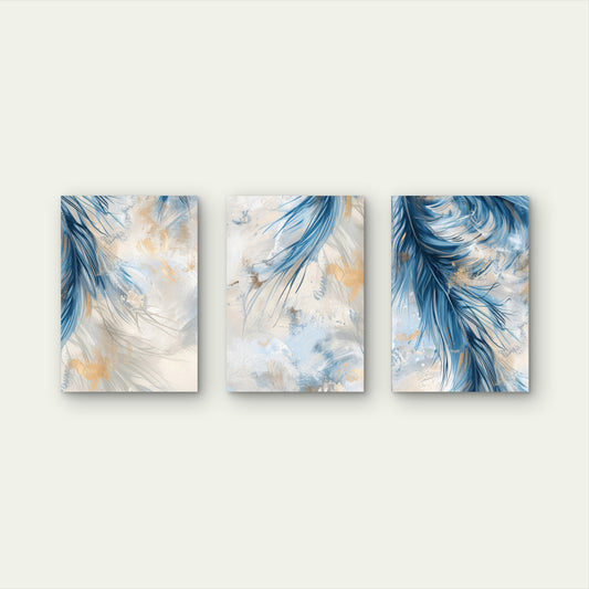 3pcs Navy Gold Abstract Feather Modern Metal Print Ready to Hang Art