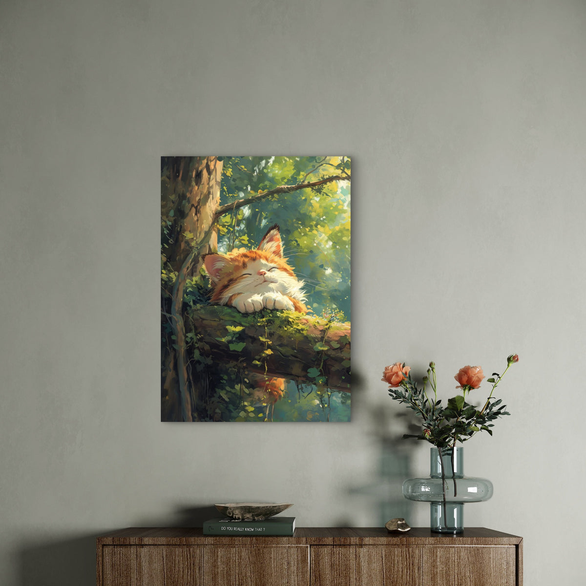 Ginger Tabby Cat Sleeping Tree 40x60cm Metal Print Ready to Hang