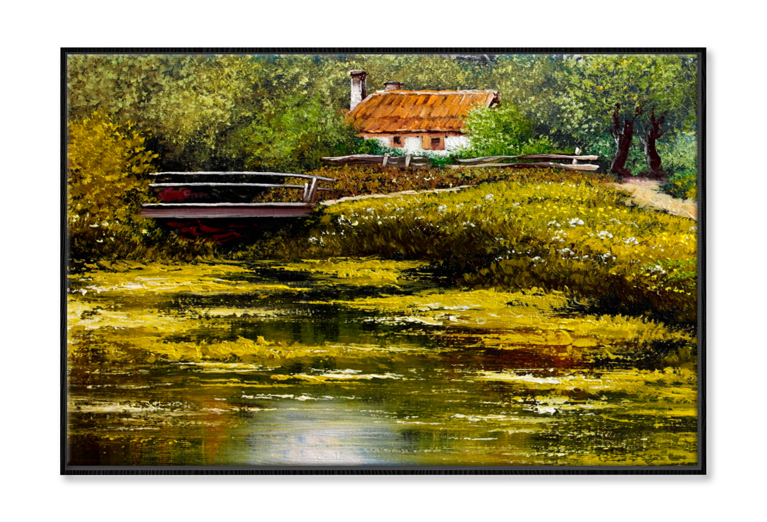 Lake With Bridge View Oil Painting Wall Art Limited Edition High Quality Print Canvas Box Framed Black