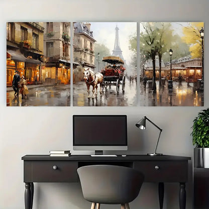 3pcs Rainy Eiffel Tower Horse & Carriage Metal Print Ready to Hang Art