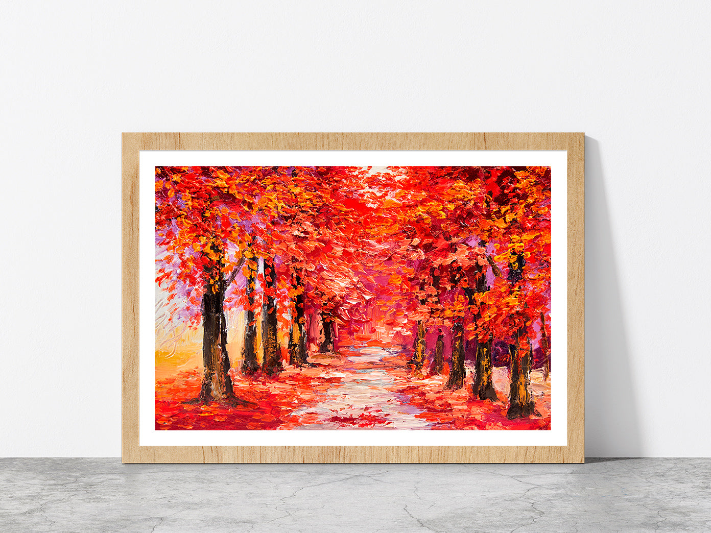 Autumn Trees With Forest Road Glass Framed Wall Art, Ready to Hang Quality Print With White Border Oak