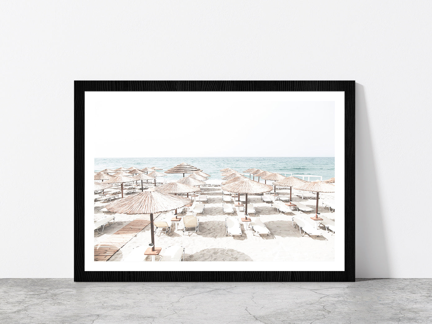 Beach Huts & Chairs near Beach Faded Photograph Glass Framed Wall Art, Ready to Hang Quality Print With White Border Black