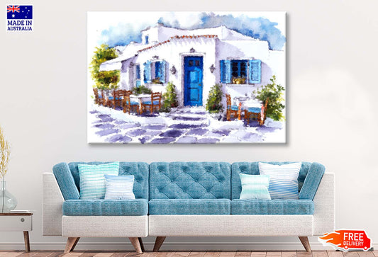 Architectural Painting with Building, White Wall, Blue Door, Window, Table Setting, Chairs, Decorative Plants, Bougainvillea Flowers and Stone Floor Wall Art Limited Edition High Quality Print