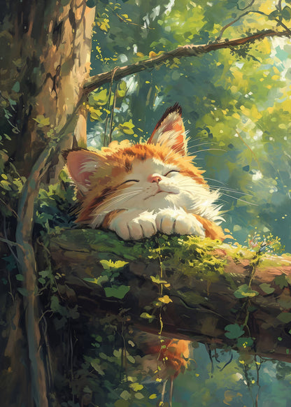 Ginger Tabby Cat Sleeping Tree 40x60cm Metal Print Ready to Hang